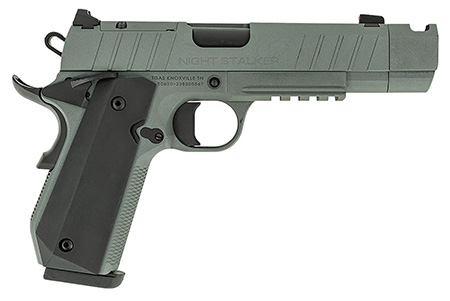 [723551445433] Tisas 10100133 1911 Night Stalker Carry Frame 9mm Luger 10+1 4.25" Black Cerakote Bull Barrel, Gray Cerakote Serrated Steel Slide, Gray Cerakote Steel Frame w/Beavertail  &  Picatinny Rail