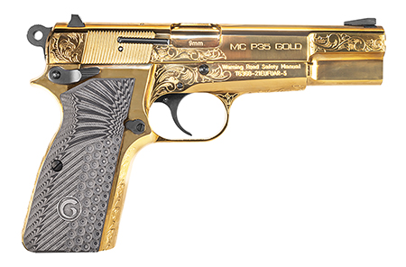 [741566905681] Girsan 390488 MC P35  9mm Luger 15+1 4.87" Gold Plated PVD Stainless Steel Barrel, Gold Finish Engraved Serrated Stainless Steel Slide, Gold Plated Steel Frame w/Beavertail, G10 Grip