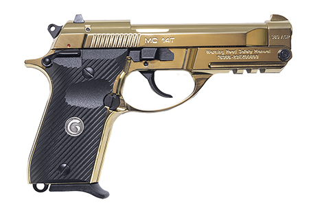 [741566906046] Girsan 390870 MC 14T Solution Compact Frame 380 ACP 13+1 4.50" Gold Plated PVD Steel Tip-Up Barrel, Gold Plated Serrated Steel Slide, Gold Plated Aluminum Frame w/Picatinny Rail, Black Polymer Grip