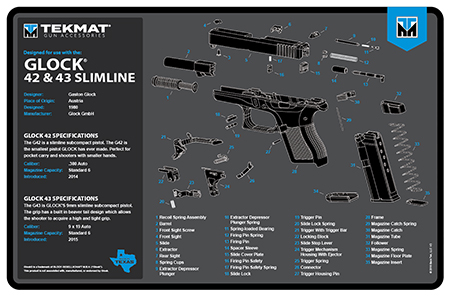 [888151040805] TekMat TEKR17GLOCK4243BL Glock 42/43 Cleaning Mat Black/Blue/White Rubber 11"x17" Glock 42/43 Parts Diagram