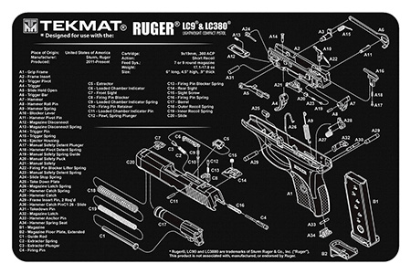 [612409970985] TekMat TEKR17RUGERLC9 Ruger LC9 Cleaning Mat Black/White Rubber 11"x17" Ruger LC9 Parts Diagram