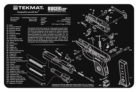 [612409970992] TekMat TEKR17RUGERLCP Ruger LCP Cleaning Mat Black/White Rubber 11"x17" Ruger LCP Parts Diagram
