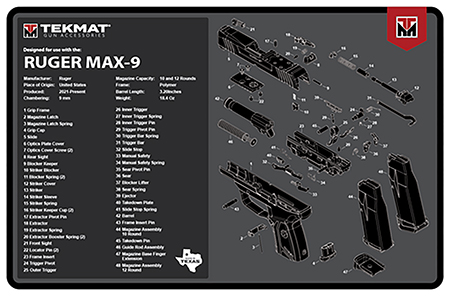 [888151040775] TekMat TEKR17RUGERMAX9 Ruger Max 9 Cleaning Mat Black/White Rubber 11"x17" Ruger Max 9 Parts Diagram
