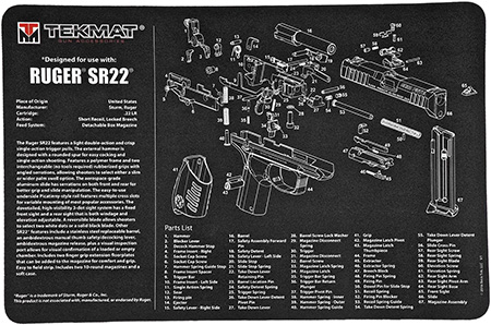 [612409971012] TekMat TEKR17RUGERSR22 Ruger SR22 Cleaning Mat Black/White Rubber 11"x17" Ruger SR22 Parts Diagram