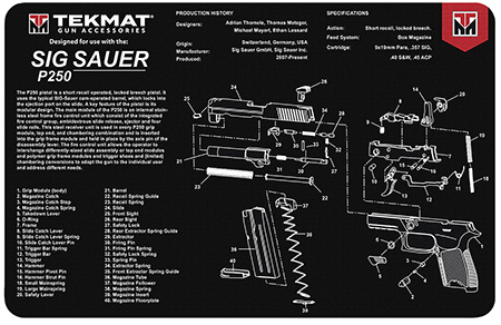 [612409971074] TekMat TEKR17SIGP250 Sig Sauer P250 Cleaning Mat Black/White Rubber 11"x17" Sig Sauer P250 Parts Diagram