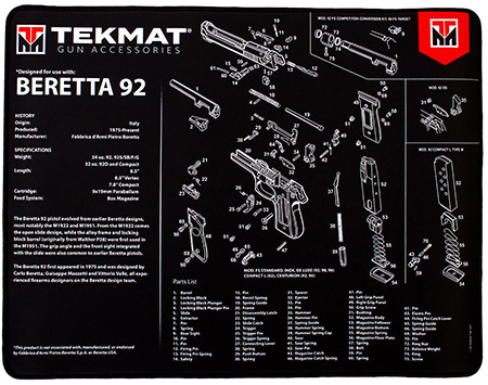 [612409971265] TekMat TEKR20BER92 Beretta 92 Ultra 20 Cleaning Mat Black/White Rubber 15"x20" Beretta 92 Parts Diagram