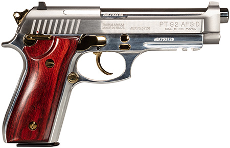 [725327940739] Taurus 1-920159GLD-HW1 92  Full Size Frame 9mm Luger 17+1 5" Matte Stainless Steel Barrel, Serrated Stainless Steel Slide, Natural Anodized Aluminum Frame w/Beavertail  &  Picatinny Rail, Rosewood Grip