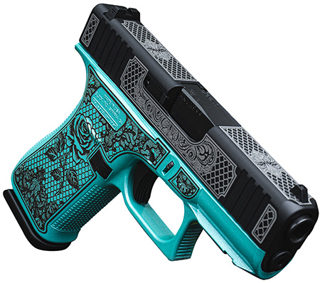 [810188100481] Glock UX4350204FRNGLTBSlim Sub-Compact Frame 9mm Luger 10+1 3.41" Black GMB Barrel Black w/White Scroll Cerakote Serrated Steel Slide, Tiffany Blue Lace w/Rose Cerakote Polymer Frame  &  Grip