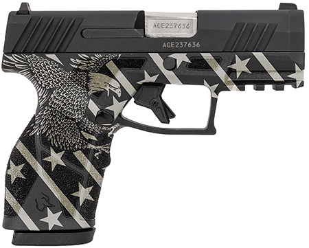 [725327943747] Taurus 1-GX2931-EN1 GX2  Compact Frame 9mm Luger 13+1 3.38" Stainless Steel Barrel, Matte Black Serrated Alloy Steel Slide, Black w/Eagle, Stars  &  Stripes Polymer Frame w/Accessory Rail