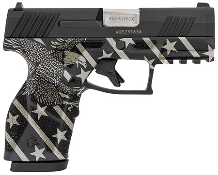 [725327943754] Taurus 1-GX2931-10EN1 GX2  Compact Frame 9mm Luger 10+1 3.38" Stainless Steel Barrel, Matte Black Serrated Alloy Steel Slide, Black w/Eagle, Stars  &  Stripes Polymer Frame w/Accessory Rail