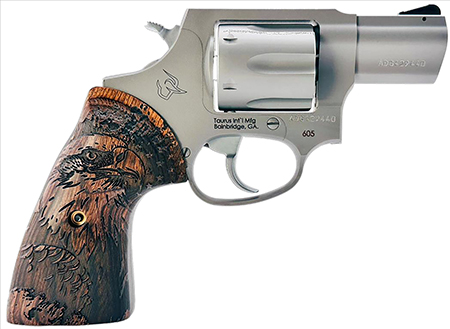 [725327943792] Taurus 2-605029-US2 605  Small 357 Mag/38 Special +P 5 Shot 2" Matte Stainless Steel Barrel  &  Frame, Polished Cylinder, Custom Designed Wood Grip w/Eagle, Transfer Bar Safety, Exposed Hammer