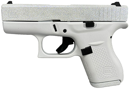 [850072948027] Glock UI4250204NFRST G42 Gen3 Sports South Exclusive 380 ACP 6+1 3.25" Black Steel Barrel, Frost Glitter Cerakote Serrated Steel Slide, Frost Cerakote Polymer Frame, Textured Polymer Grip, USA Made