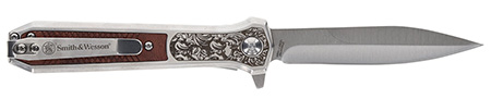 [661120750444] Smith  &  Wesson Knives 1205011 Unwavered  3.50" Folding Dagger, Plain Stonewashed 8Cr13MoV SS Blade, 4.25" Rosewood w/SS Scales Handle
