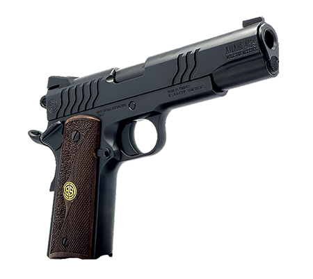 [646809582363] Dickinson LLC DKSN9BS 1911 Adam Full Size Frame 45 ACP 8+1 4.37" Shiny Black Button Rifled Barrel, Matte Black Serrated Aluminum Slide, Shiny Black Steel Frame, Wood Grips