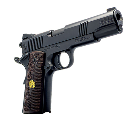 [646809582356] Dickinson LLC DKSN9BB 1911 Adam Full Size Frame 45 ACP 8+1 4.37" Black Button Rifled Barrel, Matte Black Serrated Aluminum Slide, Black Steel Frame, Wood Grips