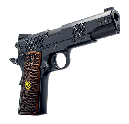 [646809582370] Dickinson LLC DKSN9BM 1911 Adam Full Size Frame 45 ACP 8+1 4.37" Matte Black Button Rifled Barrel, Matte Black Serrated Aluminum Slide, Matte Black Steel Frame, Wood Grips