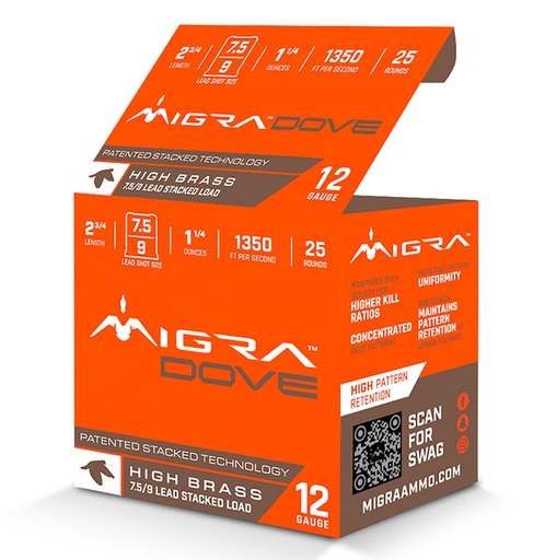 [850060794001] Migra Ammunitions M12UD75-9  Dove 12Gauge 2 3/4" 1 1/4oz 7.5/9Shot 25 Per Box/10 Case