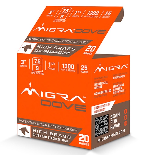 [850060794025] Migra Ammunitions M20UD75-9  Dove 20Gauge 3" 1 1/4oz 7.5/9Shot 25 Per Box/10 Case