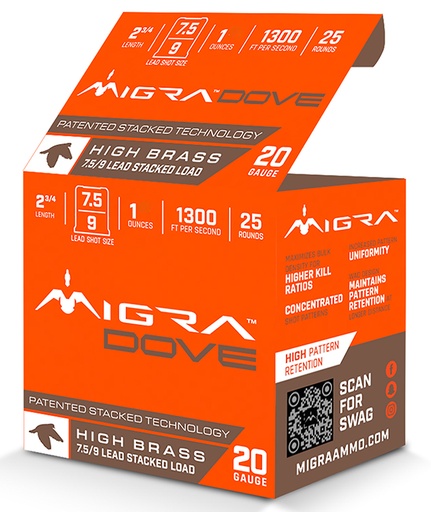 [850060794391] Migra Ammunitions M20LF7.59  Dove 20Gauge 2 3/4" 1oz 7.5/9Shot 25 Per Box/10 Case