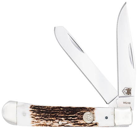 [753389273151] CobraTec Knives CTTDTRPSTAG Trapper  Folding 2.88" Clip Point, 2.94" Spey Plain Polished VG-10 SS Blades, 4.44" Stag Bone Scales/SS Handle
