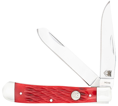 [753389273199] CobraTec Knives CTTDTRPREDBN Trapper  Folding 2.88" Clip Point, 2.94" Spey Plain Polished VG-10 SS Blades, 4.44" Red Bone Scales/SS Handle