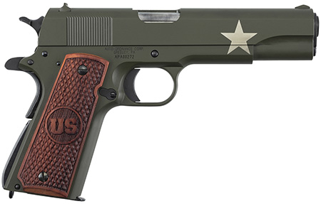 [602686422796] Auto-Ordnance 1911BKOC11 1911 Tanker 45 ACP  5" Barrel 7+1, OD Green Carbon Steel Frame/Slide with Sherman Tank Star, Checkered US Engraved Wood Grip, Manual Safety