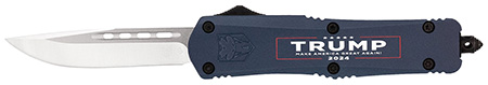 [099654045901] CobraTec Knives MTRP24BLUDNS FS-3 Trump 2024 Medium OTF Drop Point Plain Satin D2 Steel Blade, 4.50" Blue w/Trump, Make America Great Again Aluminum Cerakoted Handle
