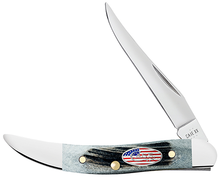 [021205530642] Case 53064 Texas Toothpick Stars  &  Stripes Small 2.25" Folding Clip Point Plain Mirror Polished Tru-Sharp SS Blade, Jigged Gray Bone Handle, American Flag Shield