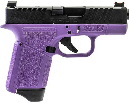 [643477868607] Gforce Arms GF932512PUB Rapture  Sub-Compact Frame 9mm Luger 12+1 3.25" Black Steel Barrel, Black Optic Cut/Serrated Steel Slide, Purple Cerakote Polymer Frame