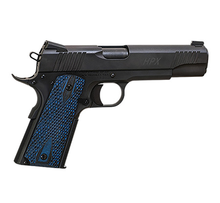 [810115912750] Standard Mfg  1911 HPX Full Size Frame 45 ACP 7+1 5" Black Match Grade Barrel, Satin Steel Serrated Slide, Black Satin Steel Frame w/Beavertail, Black/Blue Honeycomb Grip