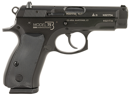 [806703011448] CZ-USA 01144 CZ 75 Compact 50th Anniversary 9mm Luger 10+1 3.75" Black Steel Barrel  &  Serrated Slide, Black Polycoat Steel Frame w/Beavertail, Black Plastic Grip, Right Hand