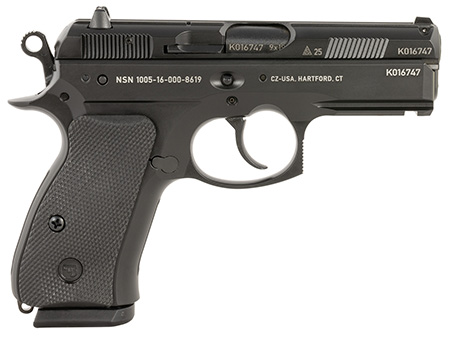 [806703011165] CZ-USA 01116 P-01 50th Anniversary Compact Frame 9mm Luger 10+1 3.75" Black Steel Barrel, Black Steel Serrated Slide, Black Polycoat Aluminum Frame w/Beavertail, Black Rubber Grip, Right Hand