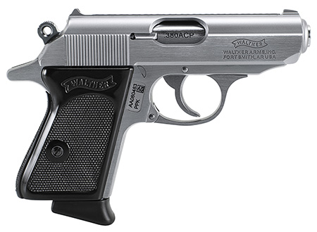 [723364209932] Walther Arms 4796001 PPK  380 ACP 6+1 3.30" Stainless Steel Barrel, Matte Stainless Serrated Zinc Alloy Slide, Stainless Aluminum Frame w/Beavertail, Black Polymer Grip, Manual Thumb Safety