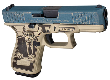 [810188101464] Glock PA195S204NGOA G19 Gen 5 Gulf of America Compact Frame 9mm Luger 15+1 4.02" Black GMB Barrel, Distressed Blue Steel Serrated Slide, Tan w/Trump Polymer Frame w/Picatinny Rail, Ambidextrous