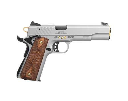 [810113113739] ATI GSG2210M1911AN15 GSG 1911 15 Year Anniversary Edition Full Size Frame 22 LR 10+1 5" Black Threaded Barrel, Frost Gray Serrated Slide, Frost Gray w/Gold Accents Zinc Alloy Frame, Light Wood Grip