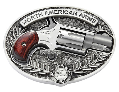 [744253002854] North American Arms 22LR-BBO Mini-Revolver w/Belt Buckle 22 LR 5 Shot 1.13" Stainless Steel Barrel, Frame  &  Cylinder, Rosewood Birdshead Grip, Exposed Hammer, Includes Custom Carry Belt Buckle