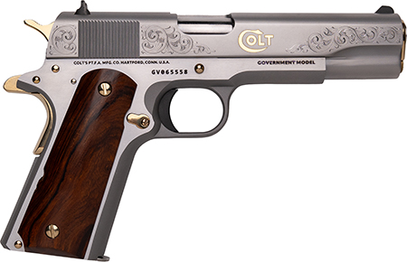 [198715482256] Cnc Firearms CNCCOLTRAMP Colt 1911 Rampant 45 ACP 7+1 5" Stainless Steel Barrel, Stainless w/Gold Plating Engraved w/Colt Pony Serrated Slide, Stainless w/Gold Accents Frame, Ironwood Grip