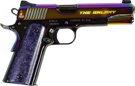 [198715467482] Cnc Firearms CNCGALAXY1911 Kimber 1911 Galaxy 45 ACP 7+1 5" Polished Rainbow PVD Engraved "The Galaxy"/Serrated Slide, Purple Maple Burl Grip
