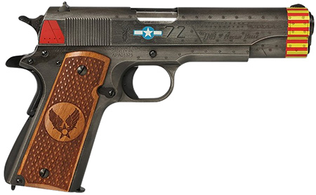 [602686423014] Auto-Ordnance 1911BKOC18 1911 Red Tails Full Size Frame 45 ACP 7+1 5" Stainless Steel Barrel, Savage Cerakote Serrated Slide, Savage Cerakote Steel Frame w/Beavertail, Custom Engraved Wood Grip