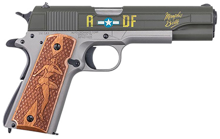 [602686423021] Auto-Ordnance 1911BKOC19 1911 Memphis Belle Full Size Frame 45 ACP 7+1 5" Stainless Steel Barrel, OD Green Cerakote Serrated Slide, Gray Cerakote Steel Frame w/Beavertail, Custom Engraved Wood Grip