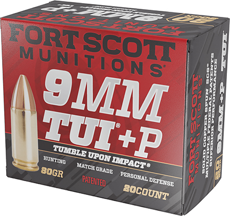 [758381722249] Fort Scott Munitions 9MM+P-080-SCV Tumble Upon Impact (TUI)  9mm+P 80gr Solid Copper Spun 20 Per Box/25 Case