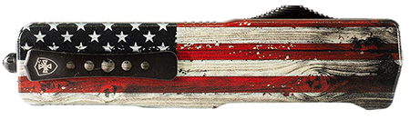 [093674817746] Templar Knife MZWUS121 Premium Weighted  Small 3" OTF Dagger Plain Black Oxide Stonewashed Powder Coated D2 Steel Blade, 4.50" Painted Wood Grain US Flag Aluminum Zinc Alloy Handle