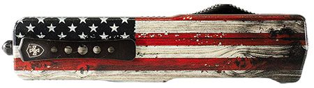 [093674817760] Templar Knife  Premium Weighted  Slim 3.16" OTF Drop Point Plain Black Oxide Stonewashed Powder Coated D2 Steel Blade, 4.93" Painted Wood Grain US Flag Aluminum Zinc Alloy Handle