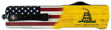 [093674819801] Templar Knife  Premium LW Don't Tread On Me Small 3" OTF Drop Point Plain Black Oxide Stonewashed Powder Coated D2 Steel Blade, 4.50" Yellow w/Flag  &  "Don't Tread On Me" Aluminum Handle