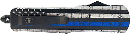 [093674801417] Templar Knife  Gen II Back The Blue Small 2.75" OTF Dagger Plain Black Oxide Stonewashed 440C SS Blade, 4.25" B & W US Flag w/Blue Line Aluminum Handle, Glass Breaker