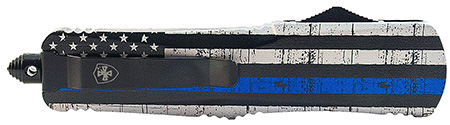 [093674801615] Templar Knife  Gen II Back The Blue Small 2.75" OTF Drop Point Part Serrated Black Oxide Stonewashed 440C SS Blade, 4.25" B & W US Flag w/Blue Line Aluminum Handle, Glass Breaker