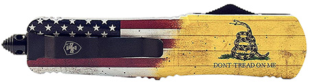 [093674810136] Templar Knife  Gen II Don't Tread On Me Small 2.75" OTF Drop Point Black Oxide Stonewashed 440C SS Blade, 4.25" Yellow w/Flag  &  "Don't Tread On Me" Aluminum Handle, Glass Breaker
