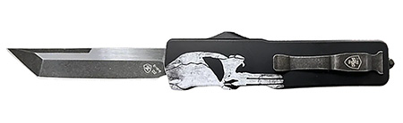 [093674827394] Templar Knife  Excalibur Fallen Small 3" OTF Tanto Plain Black Oxide Stonewashed Powder Coated D2 Steel Blade, 4.50" Black w/Skull Aluminum Handle
