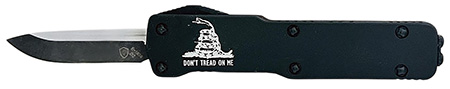 [093674826311] Templar Knife  Premium LW Don't Tread On Me Micro 1.85" OTF Drop Point Plain Black Oxide Stonewashed Powder Coated D2 Steel Blade, 3.50" Black w/"Don't Tread On Me" Aluminum Handle, California Legal