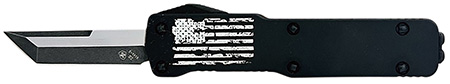 [093674826366] Templar Knife  Premium LW US Flag Micro 1.85" OTF Tanto Plain Black Oxide Stonewashed Powder Coated D2 Steel Blade, 3.50" B & W US Flag Aluminum Handle, California Legal